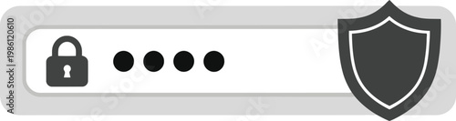 Password input field with circles representing characters, lock icon, shield symbol, and cursor indicating safe access and user authentication