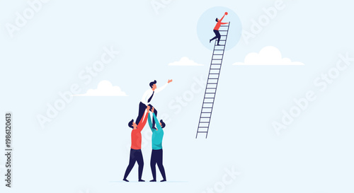 Business team members work together to help a colleague reach higher while another person achieves success at the top of a long ladder.