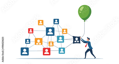 Innovative businessman uses a green balloon to lift a specific professional profile out of a complex network of connected social icons.