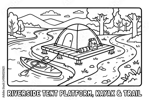Riverside camping platform with tent kayak and trail illustration.