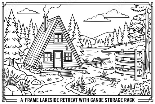 Detailed illustration of a charming Aframe cabin near a lake with canoes.