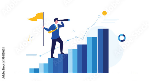 Visionary businessman standing on the highest bar of a growth chart holding a flag and looking through a telescope toward future prosperity.