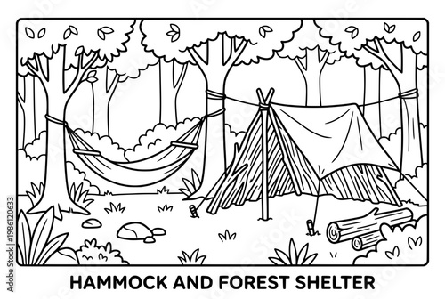 Hammock and shelter camping setup simple outdoor scene.