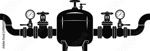 Industrial pipeline system with pressure gauges, valves and storage tank, water or gas distribution equipment, black and white vector illustration, engineering infrastructure concept