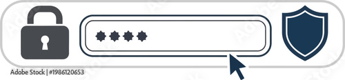 Login screen with lock icon, password input field with asterisks, and shield symbol for security and access control on a gray background