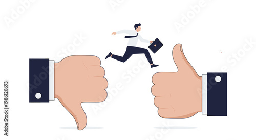 Determined businessman takes a leap of faith to jump from a negative thumbs down hand to a positive thumbs up hand symbolizing success.