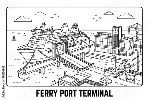 Ferry Port Terminal Scene With Docked Vessels And Cranes.