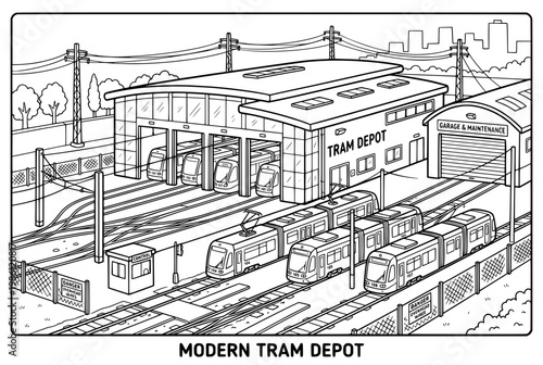 Modern tram depot with multiple trams and rails.