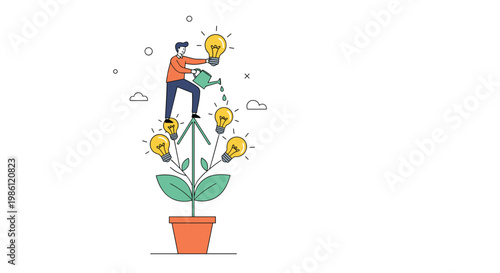 Businessman standing on an arrow and watering a plant that grows glowing light bulb flowers, symbolizing the cultivation of creative business ideas.