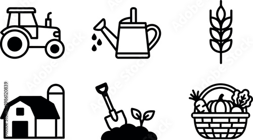 Black and white farm tractor watering can wheat barn shovel garden basket vegetables icons