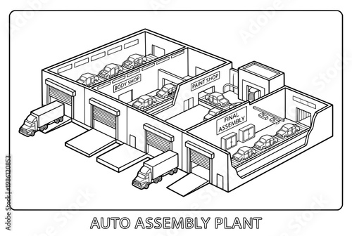 Car Factory And Automobile Assembly Plant Interior Illustration.