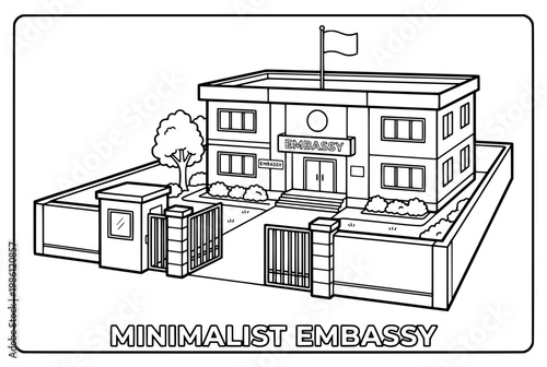 Minimalist Embassy Building Exterior Sketch Illustration.