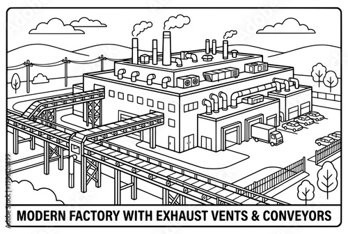 Modern Factory With Exhaust Vents And Conveyors.