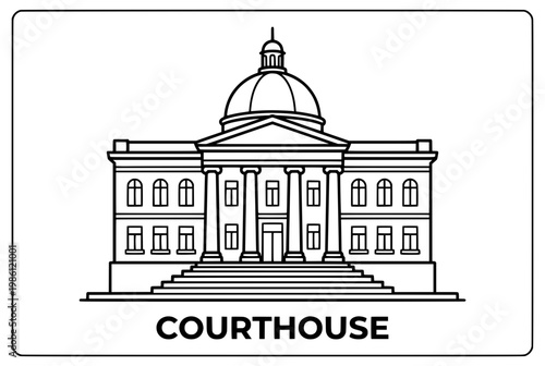 Detailed architectural illustration of a courthouse building with columns and dome.