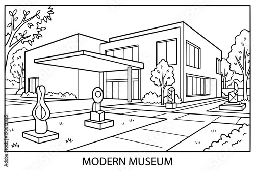 Modern museum building with sculpture on pedestal.