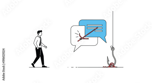 Cautious businessman walks toward a conversation bubble while another speech bubble is caught on a sharp hook representing online traps.