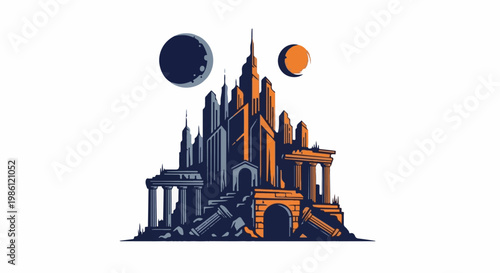 Stylized ancient ruins with modern towers and two celestial bodies