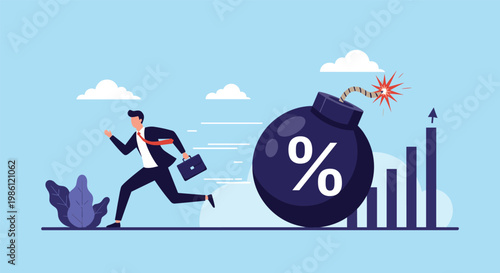 Panicked businessman running away from a large round bomb with a percentage sign as a financial growth chart rises in the background.
