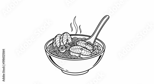 Steaming bowl of ramen with fish slices and lemon, served with a spoon