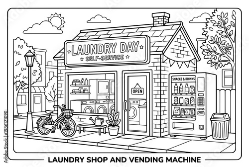 Black and White Illustration of a Laundry Day SelfService Shop.