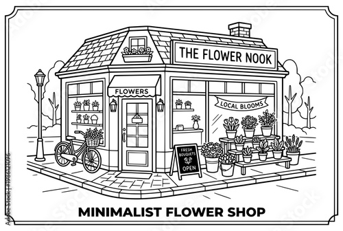 Minimalist Flower Shop Illustration Depicting Local Blooms and Bicycle.