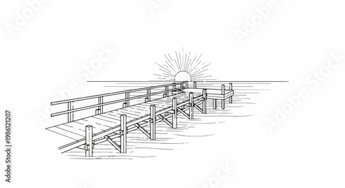 Wooden pier extends into calm water at sunrise with radiating sun