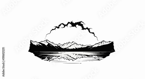 Stylized black ink illustration of majestic mountains reflecting in a calm lake