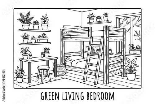Cozy Bedroom Interior with Bunk Beds and Potted Plants.