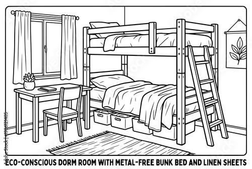Dorm Room Illustration EcoConscious Bunk Bed and Desk.