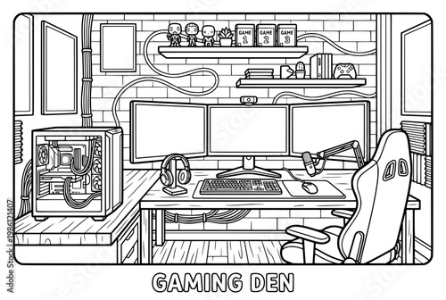 Gaming Den Illustration Modern Setup with Triple Monitors and PC.