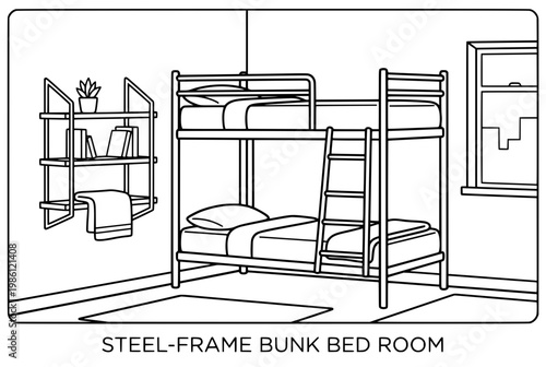 Simple steelframe bunk bed in a minimalist bedroom setting.