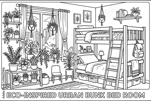 EcoInspired Urban Bunk Bed Room with Plants and Natural Light.