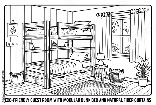 Cozy bunk bed in a modern guest room with natural light and storage.