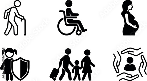 Black and white icons representing elderly disabled pregnant child protection family travel and community care