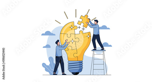 Two collaborators working together to complete a giant lightbulb puzzle symbolizing the power of teamwork in generating new creative ideas.