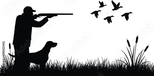 Man in a cap aiming a shotgun at flying ducks with a dog by his side in a grassy field