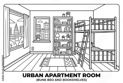 Bunk bed and bookshelves in urban apartment room.