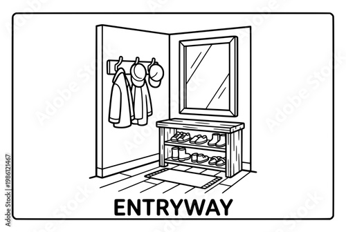 Simple Entryway Illustration Featuring Coat Rack Mirror and Shoe Storage.