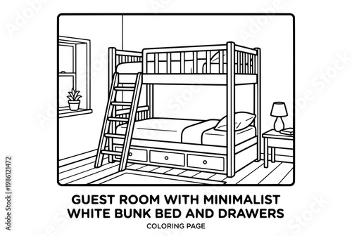 Minimalist white bunk bed with drawers and ladder.