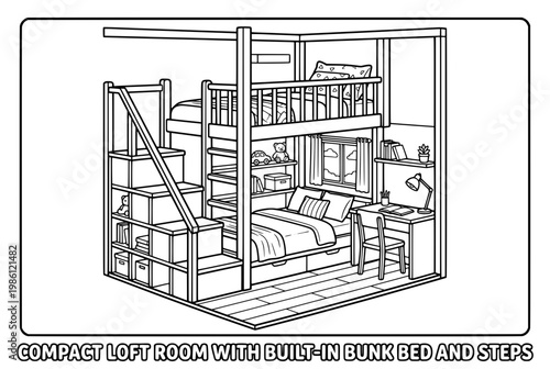 Detailed illustration of a modern compact loft bedroom with bunk bed and steps.
