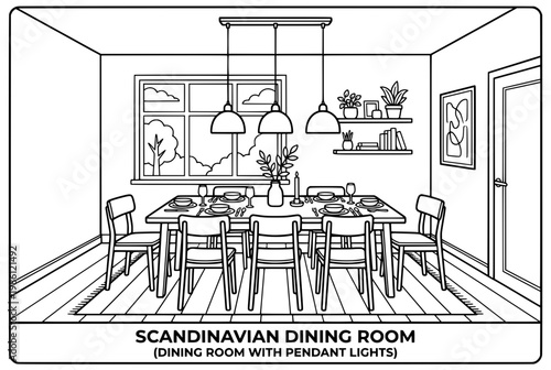 Scandinavian Dining Room Illustration with Pendant Lights and Table Setting.