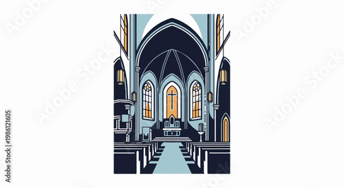 Stylized interior of a grand church with a central cross