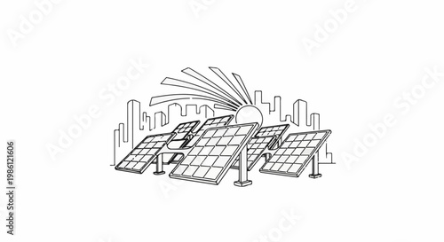 Solar panels generate clean energy in a city skyline under a bright sun
