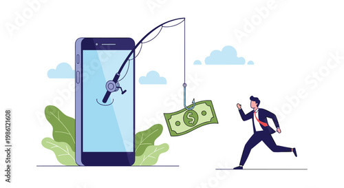 Businessman running towards a fishing hook with a dollar bill attached as it emerges from a smartphone screen representing online scams.