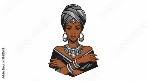 Stylized portrait of a Black woman in traditional adornments
