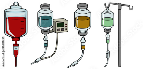 Set of medical IV drip bags with blood, saline, and medication vector illustration