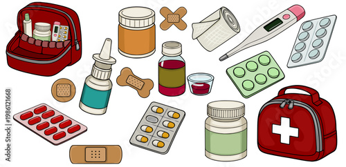 Medical supplies vector illustration: first aid kit, pills, bandages, thermometer and nasal spray