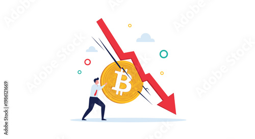 Determined businessman trying to hold back a falling Bitcoin coin and a sharp downward red arrow, representing the fight against market crashes.