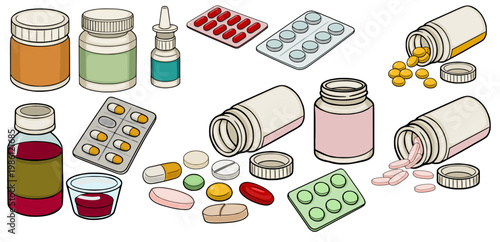 Set of isolated medical pills, capsules, and bottles vector illustration