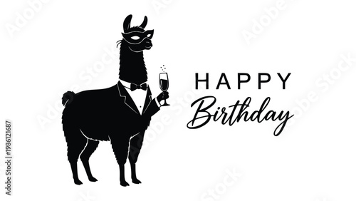 Elegant llama in a tuxedo holding a wine glass celebrating a birthday